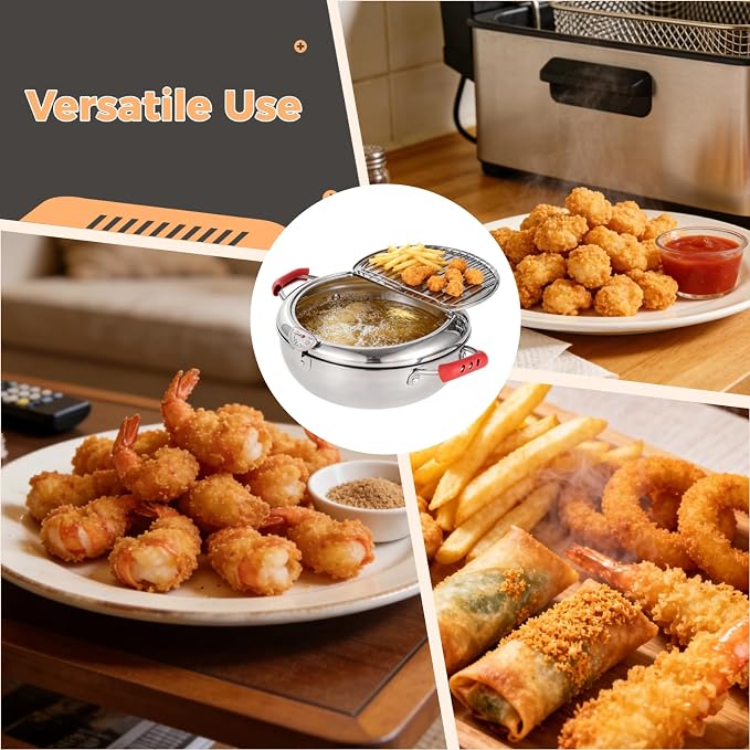 Deep Fryer Pot with Tongs, Stainless Steel Japanese Fryer with Temperature Control and Oil Drip Drainer Rack, Japanese Tempura Pot Set for French Fries Chicken Japanese Tempura (11 Inch)