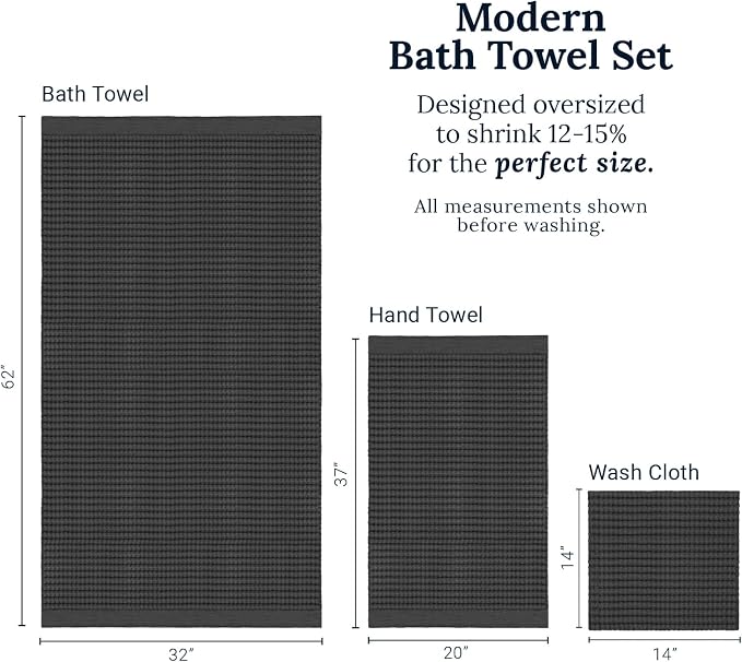 GILDEN TREE Waffle Towel Set Quick Dry Thin | 2 Bath Towels | 2 Hand Towels | 2 Washcloths, Modern Style (Faded Black)