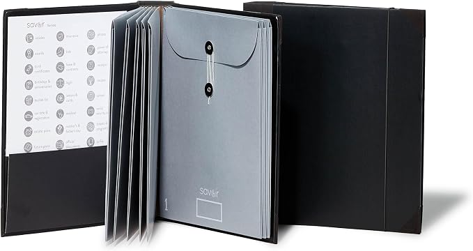 The Folio® Important Document Organizer by Savor | Binder with Guided Labels, Acid-Free File Folder Organizer with 10 Pockets, Document Holder for Home Records, Legal and Medical Papers (Black)