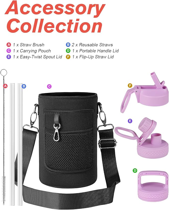 Coolflask Half Gallon Water Bottle Insulated with Straw & 3 Lids, 64 oz Water Jug Large Metal Stainless Steel Wide Mouth for Sports, Gym or Office, Non-BPA Keep Cold 48H Hot 24H, Pink