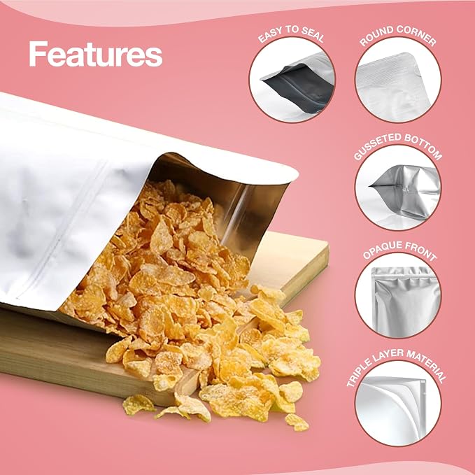 BELLE KR® 100pcs 1 Quart Mylar Bags with Gusseted Bottom - Extra Thick 10 Mil - 7"x10" Resealable Stand Up Mylar Ziplock Bags with Label Stickers