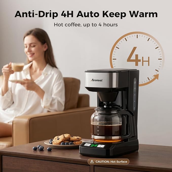 12 Cup Programmable Coffee Maker, Drip Coffee Machine with Glass Carafe & Reusable Filter, Measuring Spoon, 24-Hour Delay Brew, 4-Hour Auto Keep Warm, Large 1.8L Water Tank, Silver