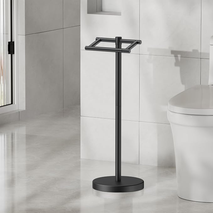 FORIOUS Toilet Paper Holder Wall Mount, Stainless Steel Rustproof Double Post Pivoting Tissue Roll Holder for Bathroom, Commercial Toilet Paper Dispenser Toilet Paper Stand, Matte Black