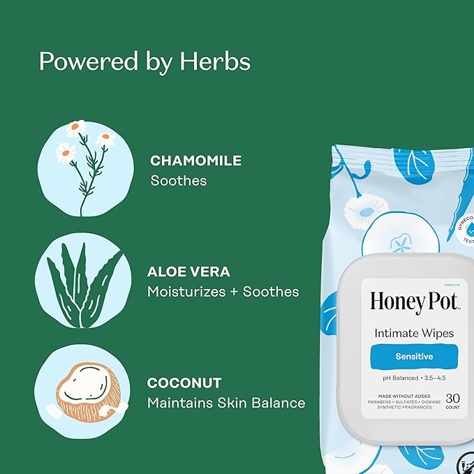 The Honey Pot Company - Feminine Wipes - Sensitive - pH Balancing, Herbal Infused Plant-Based Feminine Care for Sensitive Skin - Cleansing Wipes for Women - 30ct (Pack of 3)
