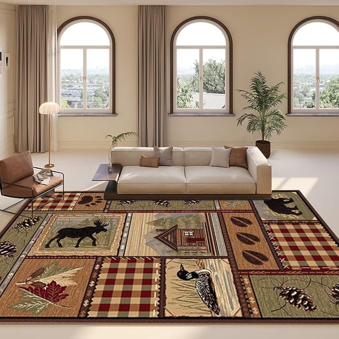 Western Multicolor Wildlife Print Area Rugs for Entrance Kitchen Low Profile Retro Cabin Bear Floor Carpets Couch Sofa Decor 3'x5'