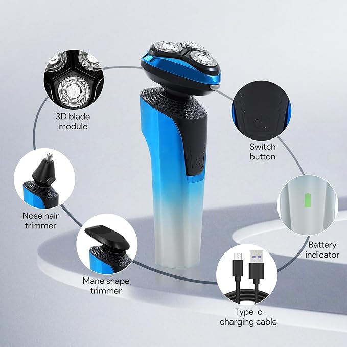 Electric Razor for Men, Rechargeable Waterproof Men Electric Shaver, Wet & Dry Shaving with Cordless Beard, Nose Hair Trimmer, 1 Hour Fast Charging (Blue)