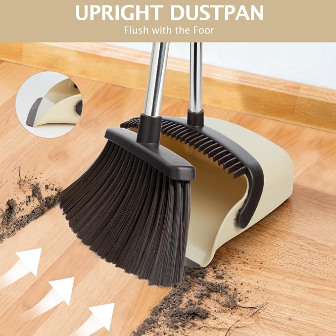 2-Pack Broom and Dustpan Set with Long Handle, Heavy Dust Broom and Dustpan Combo for Home，Kitchen, Office, Pet Hair(Beige)