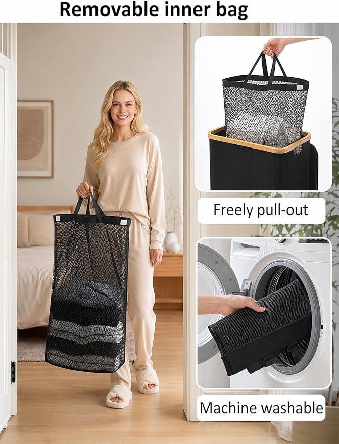 iEGrow Laundry Hamper with Lid, 85L Large Laundry Basket with Handle, Collapsible Clothes Basket Organizer with Removable Inner Bag for Clothes Towels - Black