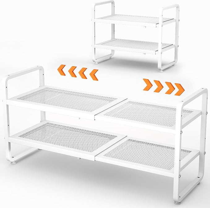 SNTD Shoe Rack - Expandable Shoe Organizer for Closet, Adjustable Metal Shoe Shelf Storage, Stackable Long Shoe Stand Holder for Garage, Entryway, Door Entrance (White, 2-Tier)