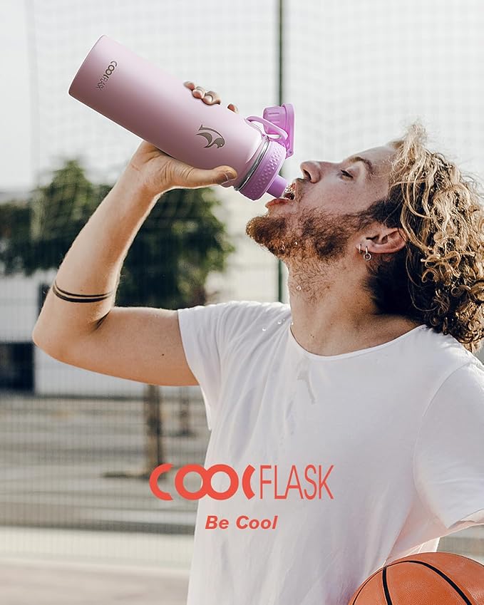 Coolflask Water Bottle 24 oz Insulated with Straw, Stainless Steel Metal 3 Lids Water Flask Wide Mouth for Sports or Office, Non-BPA Keep Cold Up to 48 Hrs or Hot Up to 24 Hrs, Pink