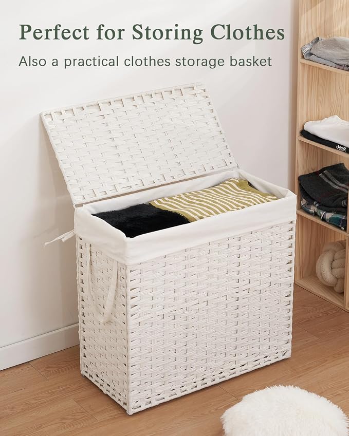 SETVSON Laundry Hamper with Lid Laundry Basket 132 L PE Rattan, White | Large Family Clothes Sorter Trunk with Lid, 3 Compartment Washable Liners, 6 Mesh Bags, Collapsible Steel Frame