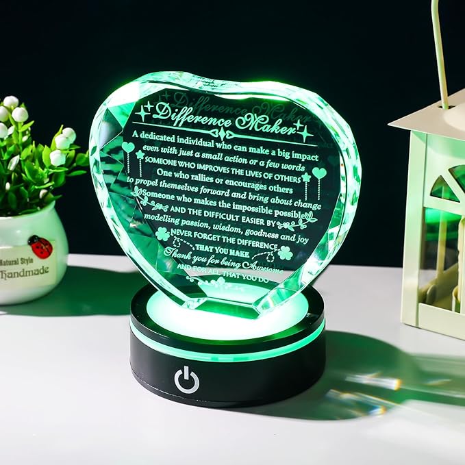 YWHL Difference Maker Plaque Gift with Colorful LED Base Thank You Appreciation Gifts for Coworker Boss Teachers Employee Mentor Leader Crystal Motivational Difference Maker Plaque Gifts for Women Men