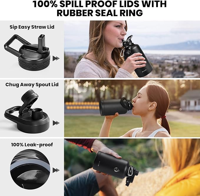 RAYMYLO Insulated Water Bottle 64 oz, Triple Wall Vacuum Stainless Steel (Cold for 48 Hrs), Leak Proof & Non-BPA, Half Gallon Water Flask Jug with Paracord Handle & Straw Spout Lids, Magic Black