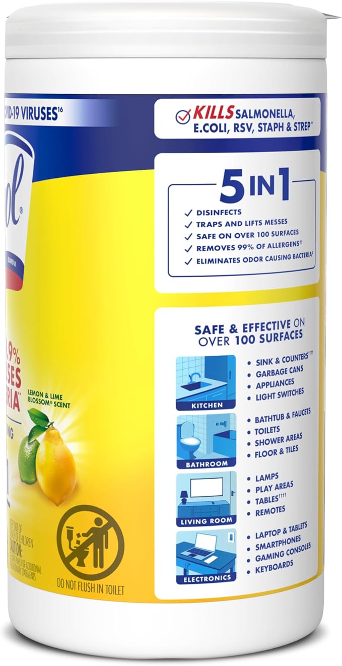 Lysol Disinfectant Wipes, Multi-Surface Antibacterial Cleaning Wipes, for Disinfecting and Cleaning, Lemon and Lime Blossom, 80 Count (Pack of 1)