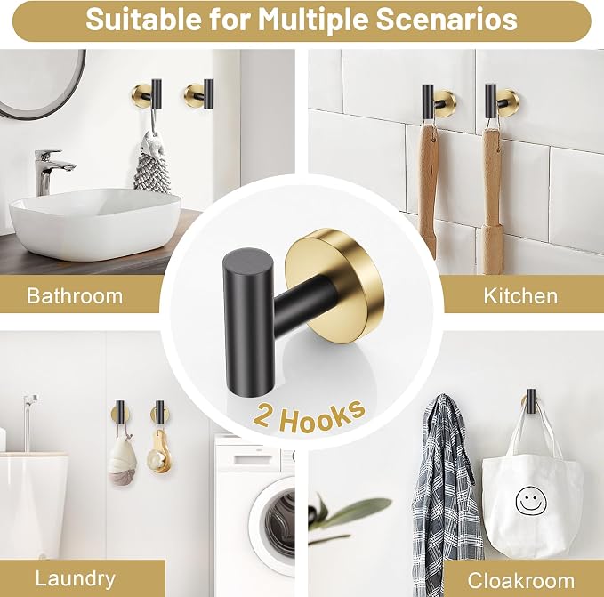 Black Gold Bathroom Hardware Set, 4-Piece Towel Holder Set Include Double Bases Toilet Paper Holder,Towel Ring and 2 Towel Hooks Stainless Steel Wall Mounted Bathroom Hardware Accessories Set