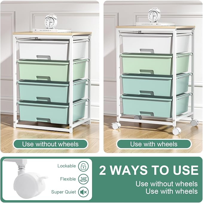 SYKIARIOL Utility Cart with 4 Drawers,Rolling Storage Cart with Drawers,Storage Rolling Drawer Cart with Wooden Tabletop for Bedroom,Kid's Room,Dorm,Classroom,Office,Green