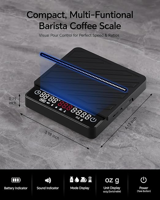 Espresso Mini Coffee Scale with Timer & Flow Rate Indicator - 2kg/0.1g Precision Digital Scale with Waterproof Silicone Mat for Pour Over, Coffee Bean Weight, Kitchen, Black