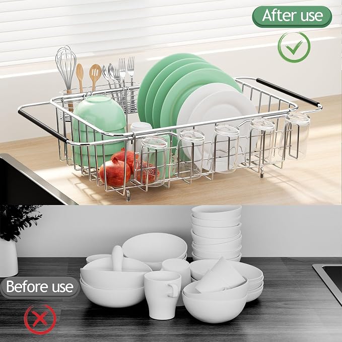 Small Dish Drying Rack in Sink, Extendable Stainless Steel Dish Drainers for Kitchen Counter, Anti-Rust Dish Dryer Rack with Utensil & Cup Holders, for Inside Sink, Over The Sink(for 1-2 People)