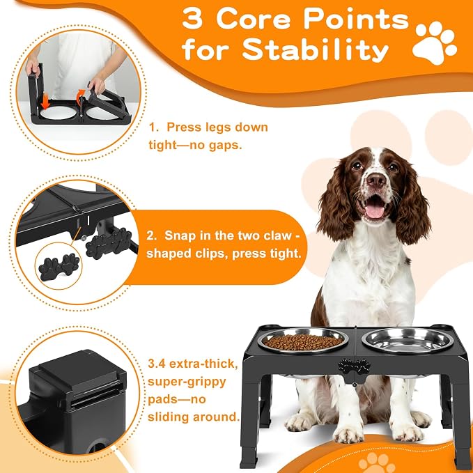 COMESOON Elevated Dog Bowls, 5 Adjustable Heights (3.9"-13.4") Raised Dogs Food Bowl Stand for Medium Large Sized Dogs, Non-Slip Foldable Travel Pet Feeder Black with Stainless Steel Bowls