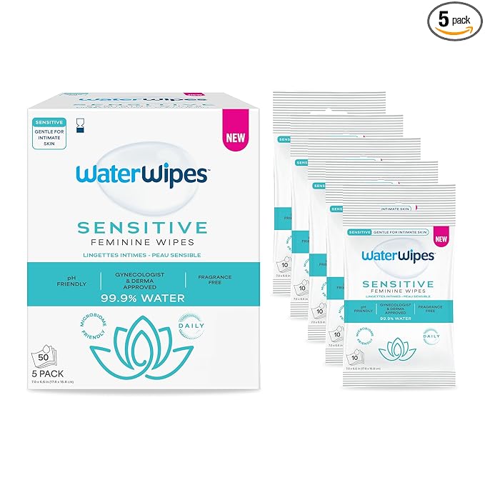 WaterWipes Sensitive Feminine Wipes, 99.9% Purified Water, pH Friendly for Daily Intimate Care, Gynecologist Approved, Fragrance Free, 50 Count (5 Packs)