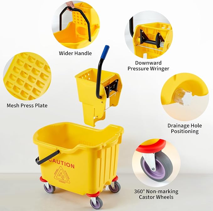 Garvee Commercial Mop Bucket with Side Press Wringer on Wheels, 35 Quart Capacity for Floor Cleaning, Kitchens, Restaurants, and Janitorial Use, Yellow, Polypropylene