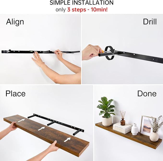 BAYKA Floating Shelves, 47.2 inches Long Wall Mounted Rustic Wood Shelves for Bathroom, Bedroom, Living Room, Kitchen, Office, Hanging Shelf for Books/Storage/Decor(Rustic Brown,Set of 2)
