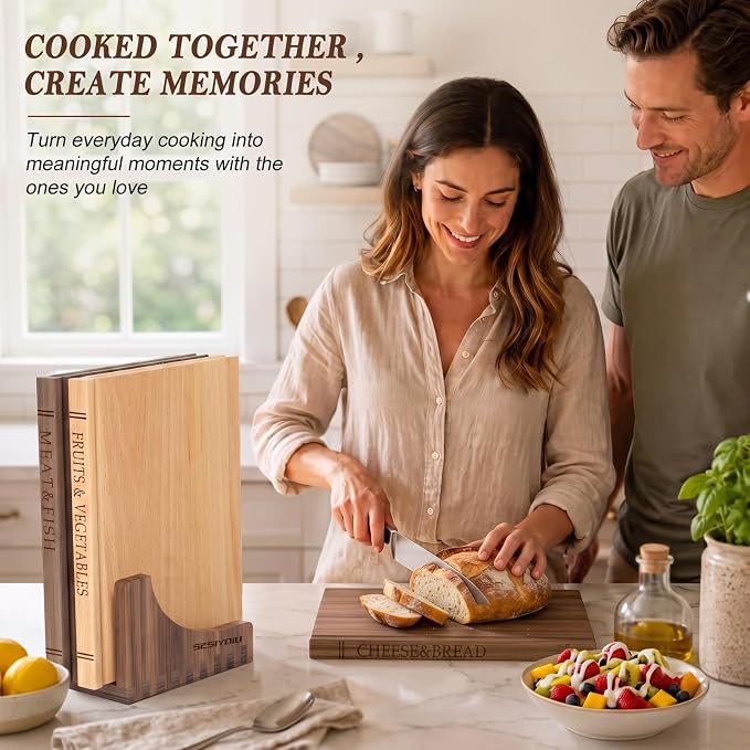 Book Cutting Board Set, Acacia Wooden Cutting Boards for Kitchen, Cutting Boards That Look Like Books for Charcuterie Vegetables Cheese Meat, 3pcs Chopping Board for Home Cooks & Decor