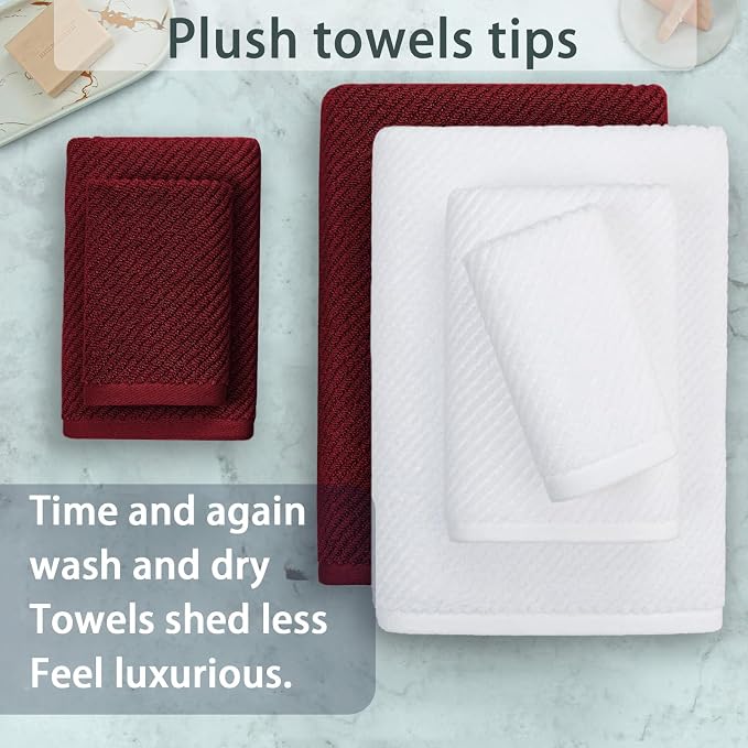VOOVA & MOVAS 6PC Towel Set, 100% Cotton, Burgundy Red White | 2 Large Bath 30x56 In, 2 Hand 18x28 In, 2 Wash Cloths 13x13 In, Quick Dry, Soft, Thick, Bathroom Essentials