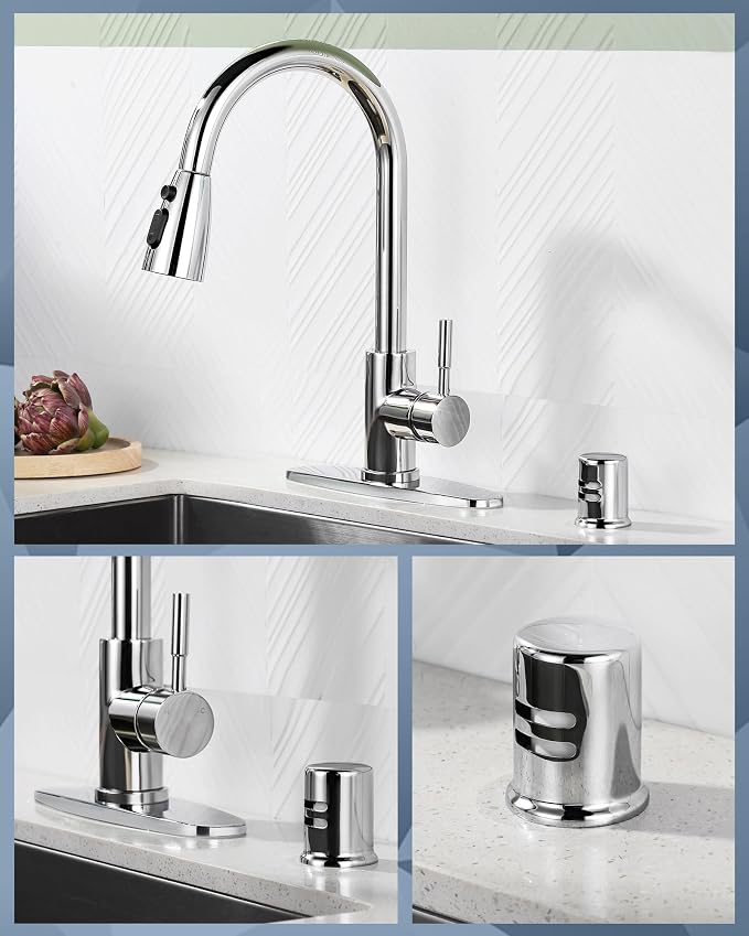 Kitchen Faucet with Air Gap: WOWOW Stainless Steel Kitchen Sink Faucet and Dishwasher Air Gap Kits for Kitchen Sink 2 or 4 Hole, Polished Chrome Kitchen Faucet Combo with Sprayer