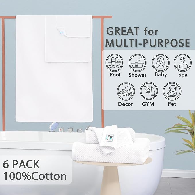 VOOVA & MOVAS White 6PC Towel Set, 100% Cotton | 2 Large Bath 30x56 In, 2 Hand 18x28 In, 2 Wash Cloths 13x13 In, Quick Dry, Thick, Hotel Shower Towel Luxury