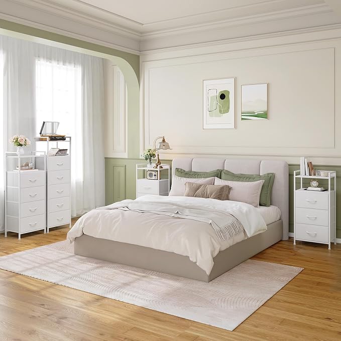 Somdot White Nightstand with 4 Drawers, Vertical Storage Tower Fabric Dresser for Bedroom, Bedside Table Furniture, Sturdy Steel Frame, Wooden Top & Easy Pull Fabric Bins