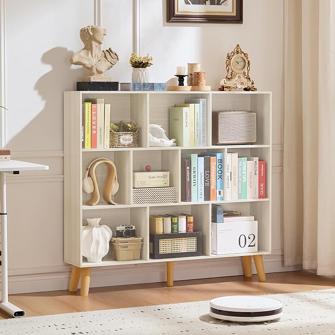 LEYAOYAO 10 Cube Bookshelf,Mid-Century Modern Bookcase with Legs,Light Grey | 3 Tier Book Shelf,Rustic Wood Bookshelves Freestanding Large Storage Organizer, Open Shelves for Bedroom, Living Room, Office