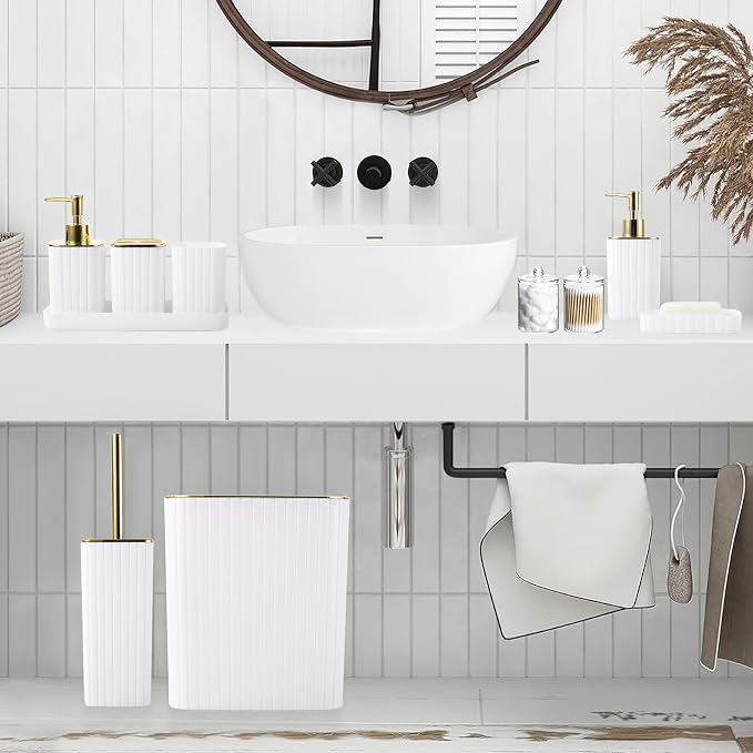 XLHOMO Bathroom Accessories Set - Gorgeous Bathroom Set, 10PC White Bathroom Accessory Set, Toilet Brush, Trash Can, Qtip Holder Dispenser & Soap Dispenser