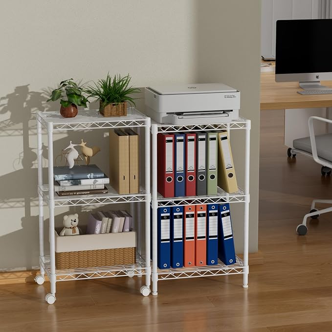 Golpart Small 3 Tier Shelves Storage Wire Shelving Unit Metal Shelf Adjustable Organizers Storage Shelving with Wheels for Bathroom Laundry Room Kitchen Pantry11.7”D x 17.7”W x 30.7”H White