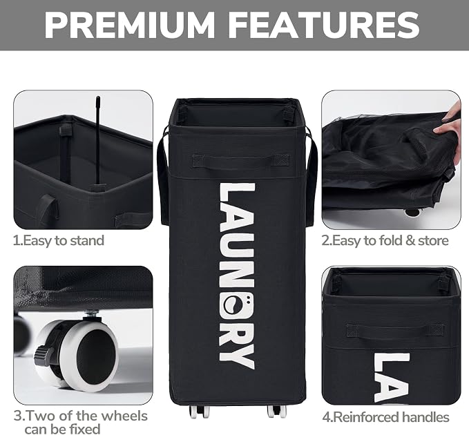 Goodpick Black Laundry Hamper with Wheels, 75L Dirty Clothes Hamper with Removable Wash Bag for Laundry Room, Rolling Laundry Basket