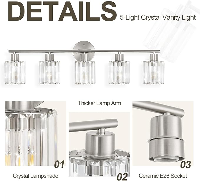 Crystal Bathroom Light Fixtures,Bathroom Lighting Fixtures Over Mirror, Modern 5-Light Brushed Nickel Vanity Lights for Mirror, Restroom,Kitchen(Ceramic E26 Socket,Bulbs Not Include)