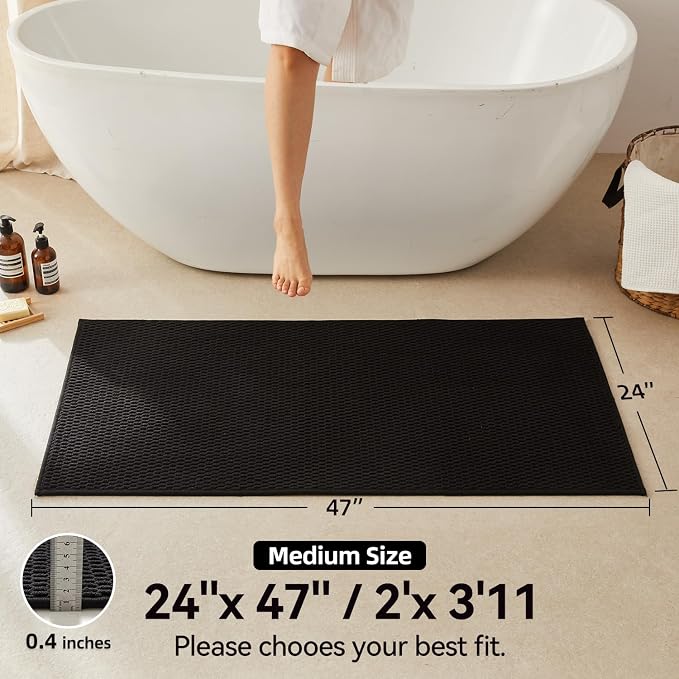 Triohero Bathroom Rugs Non Slip Washable, Super Absorbent Thin Bath Mat Quick Dry Low Pile Bathroom Rug, Black 24"x47"