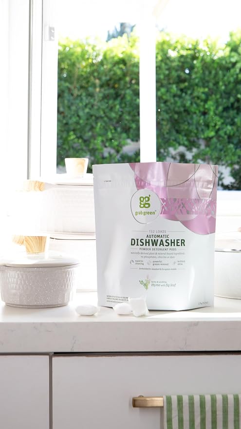 Grab Green Dishwasher Pods, 24 Count, Thyme with Fig Leaf | Plant & mineral based; Enzyme-powered; Velcro Closure; No Harsh Chemicals; Removes Grease and Stuck on Food