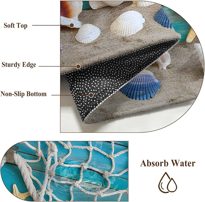 Entryway Rug 2 x 3 Ft, Beach Starfish Indoor Floor Mat for Hallway/Kitchen, Ocean Conch Fishing Net Blue Wood Grain Non Slip Low Pile Bathroom Rugs for Office/Living Room/Home Decor, Small