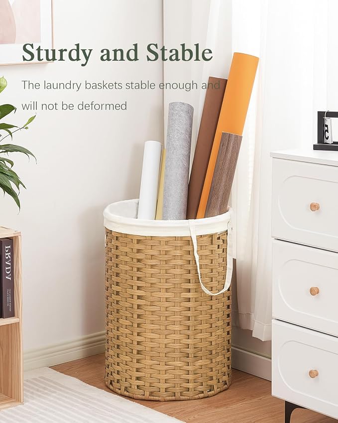 SETVSON Laundry Basket Round Rattan Laundry Hamper 29.1 Gal(110 L)Handwoven Large Wicker Basket with Handles, Wicker Hamper with Removable Bags and 2 Mesh Bags for Bathroom Living Room Natural(No Lid)
