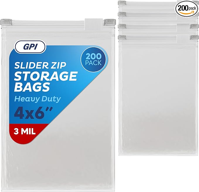 200 Count - Slider Zip Food Storage Snack Bags, 4" x 6" (8 Ounces) 3 Mil Heavy Duty, Strong & Durable For Freezer Storage, For Nuts, Candy, Snacks, Seeds, Jewelry & More. GPI