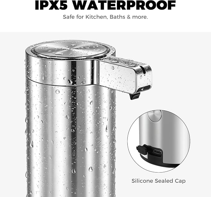 Touchless Automatic Soap Dispenser Stainless Steel with Sensor Infrared 9 oz Electric IPX5 Waterproof USB-C Charging Motion Sensor for Kitchen & Bathroom (Silver)
