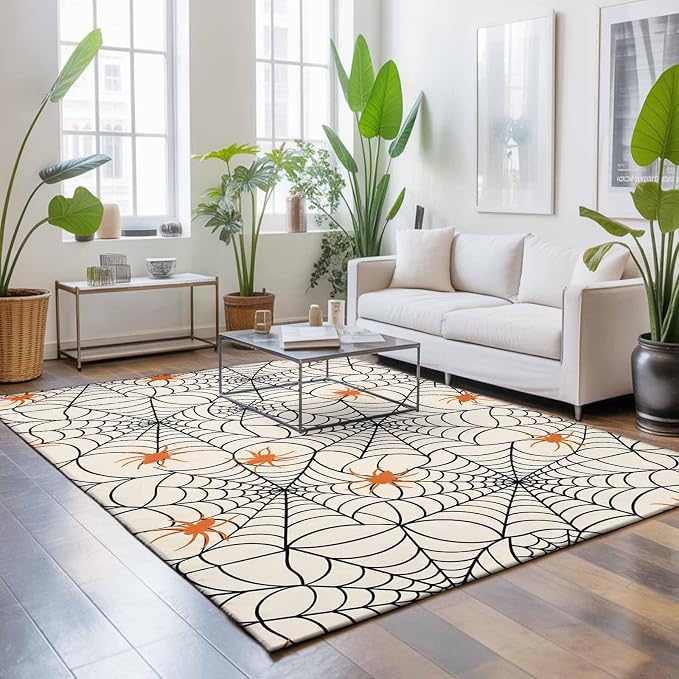 Large Area Rug 5'x7', Halloween Washable Rectangular Area Rugs for Living Room Bedroom Office, Orange Black Net Classic Spiders Gingham Non Slip Kitchen Rug Mats Indoor Floor Accent Throw Carpet