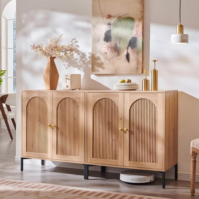 IFGET 61.75" W Modern Arched Sideboard Buffet Cabinet with Storage, Natural | Fluted Arch Sideboard Cabinet w/Adjustable Shelves, Wooden Modular Kitchen Cabinet for Dining& Living Room, Entryway
