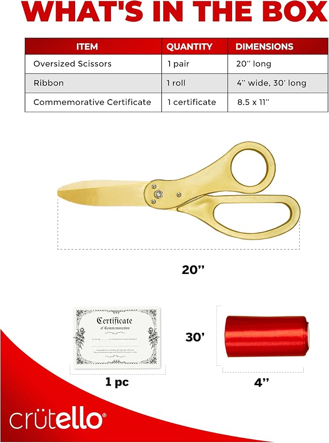 Crutello Ribbon Cutting Ceremony Kit - Grand Opening Ribbons and Scissors - 20"Giant Gold Scissors and 30 Foot Large Red Ribbon 4"Wide - Ceremonial Kit