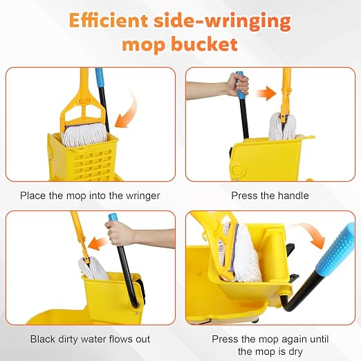 35 Qt Commercial Mop Bucket with Side Press Wringer on Wheels,Yellow Industrial Mops and Bucket Set for Floor Cleaning,Including 1 Industrial Mop ﻿