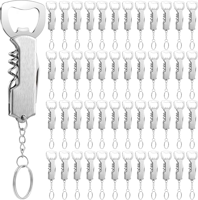 Ziliny 48 Pcs Bottle Opener Keychain Bulk Wine Bottle Beer Opener Keychain 3.27" Stainless Steel Corkscrew Waiter Corkscrew Wine Keyring Gifts for Christmas Bar Party Wedding Home (Silver)