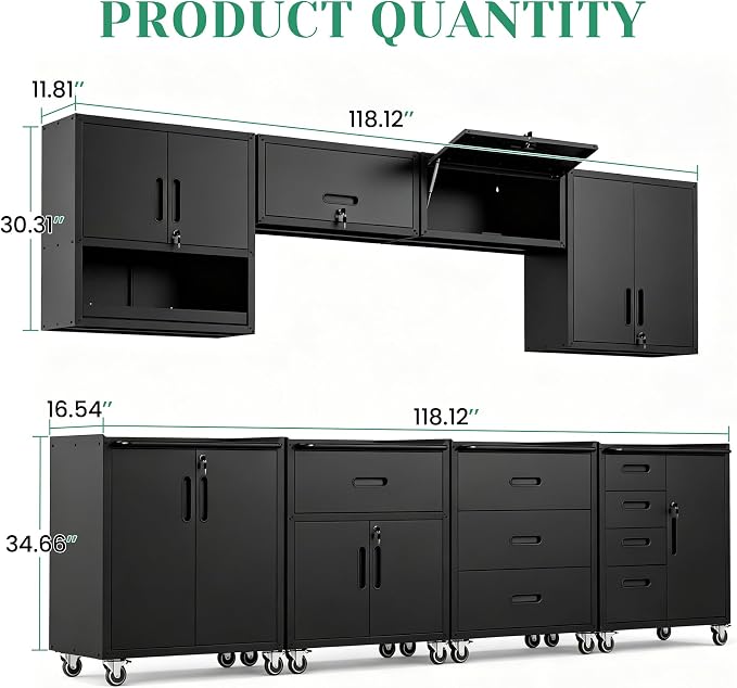 8-Piece Heavy Duty Steel Garage Cabinet System | All-in-One Modular Garage Cabinet Set for Ultimate Workshop Organization | Easy Assembly Garage Storage Cabinets & Tool Bench (Black)