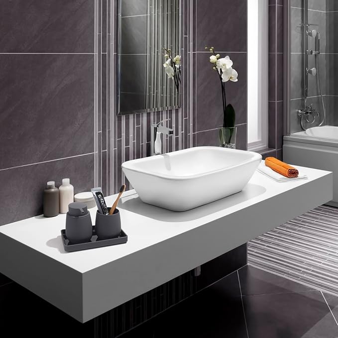 GAHEFY Grey Bathroom Accessories Set with Small Trash Can 3 Liter/0.8 Gallon,Toothbrush Holder,Soap Dispenser,Vanity Tray,Toilet Bowl Brush and Holder Grey 5PCS