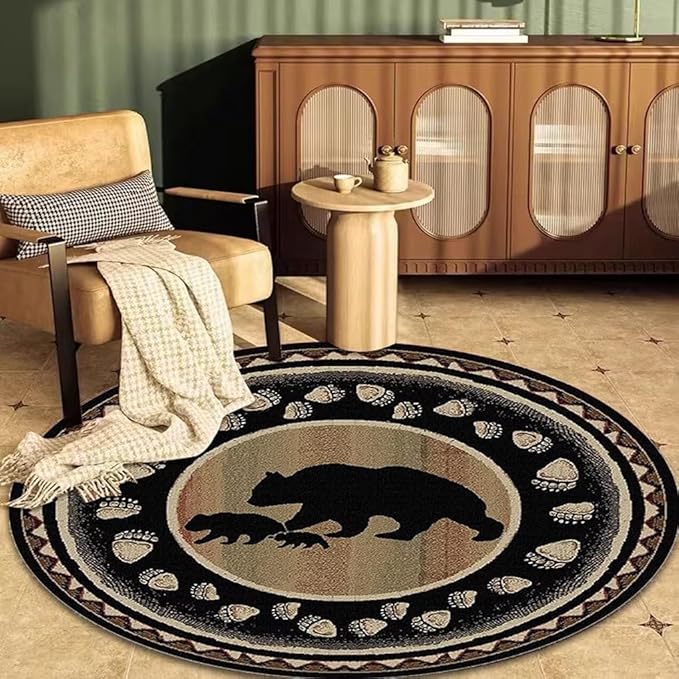 Empire Bear Cabin Round Rug for Living Room Black Entryway Rugs Apartment Decor Vintage American Country Style Floor Carpets 6ft